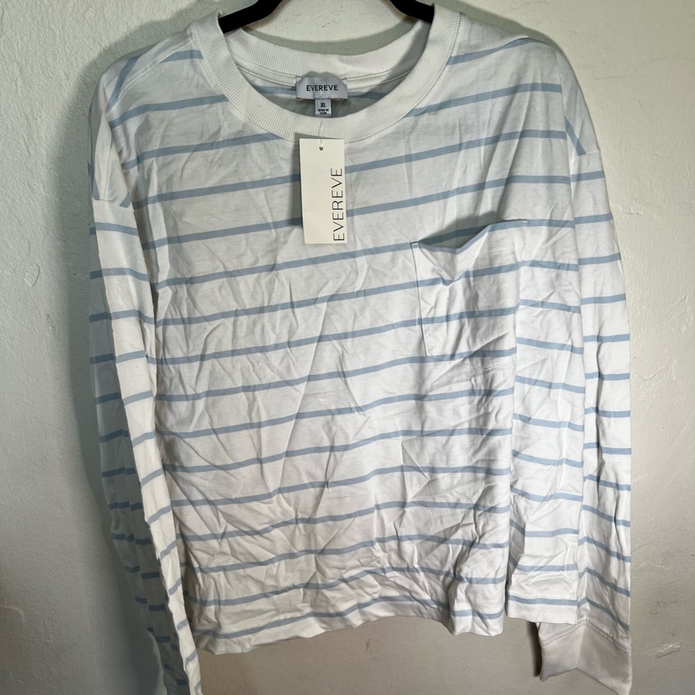Evereve White and Blue Long Sleeve Striped Tee